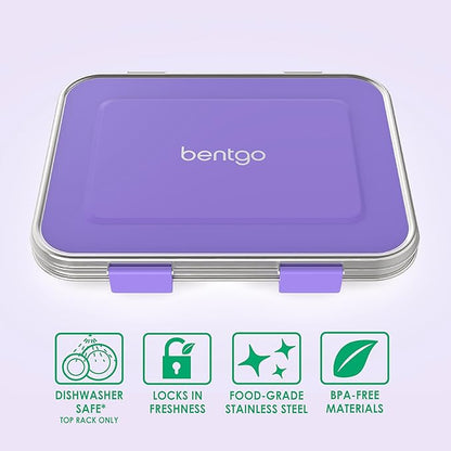 Bentgo Kids Stainless Steel Leak-Resistant Lunch Box - 3-Compartments with Bonus Silicone Container, Durable, Eco-Friendly, Dishwasher Safe, BPA-Free, Ideal for School, Ages 3+ (Purple)