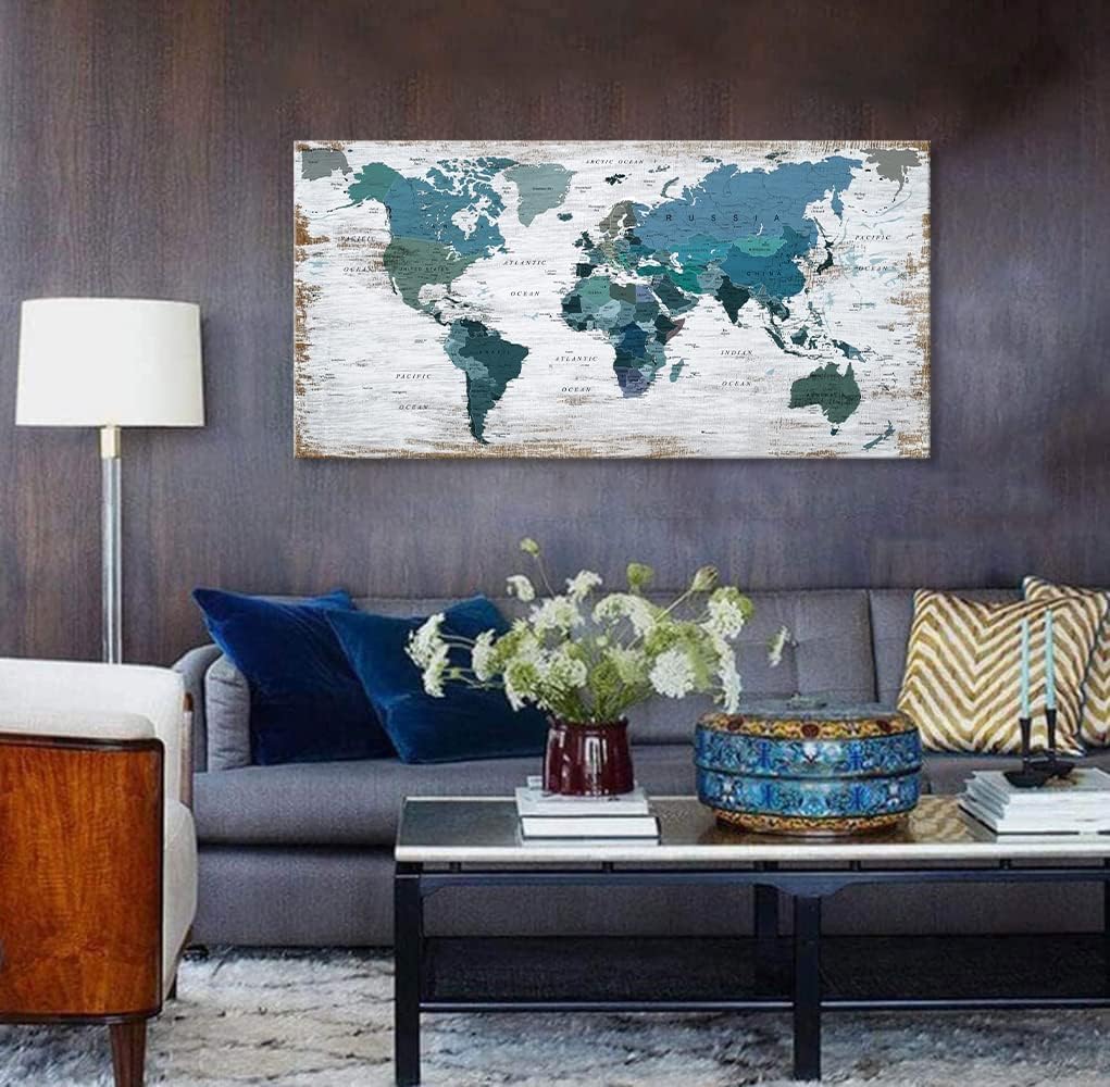 lagre Teal Decor 36inchx71inch World Map Canvas Wall Art Pictures for Living Room Decoration Blue Wall Decor Office World Map Art Map of the world Picture Framed Artwork for Home Bedroom Decoration