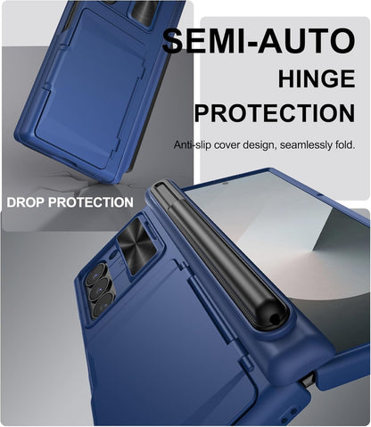for Samsung Galaxy Z Fold 6 Wallet Case & S Pen Holder & Hinge Protection & Camera Cover, Built-in Card Holder & Screen Protector, Durable Multifunctional Phone Case for Z Fold 6 2024, Blue