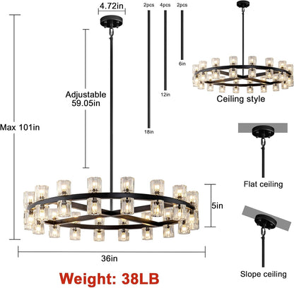 Modern Black Crystal Chandelier,36" K9 Crystal Chandeliers for Dining Room Over Table,Wagon Wheel Chandeliers for Dining Room,Living Room,Foyer,Includes 36XG4 Bulbs