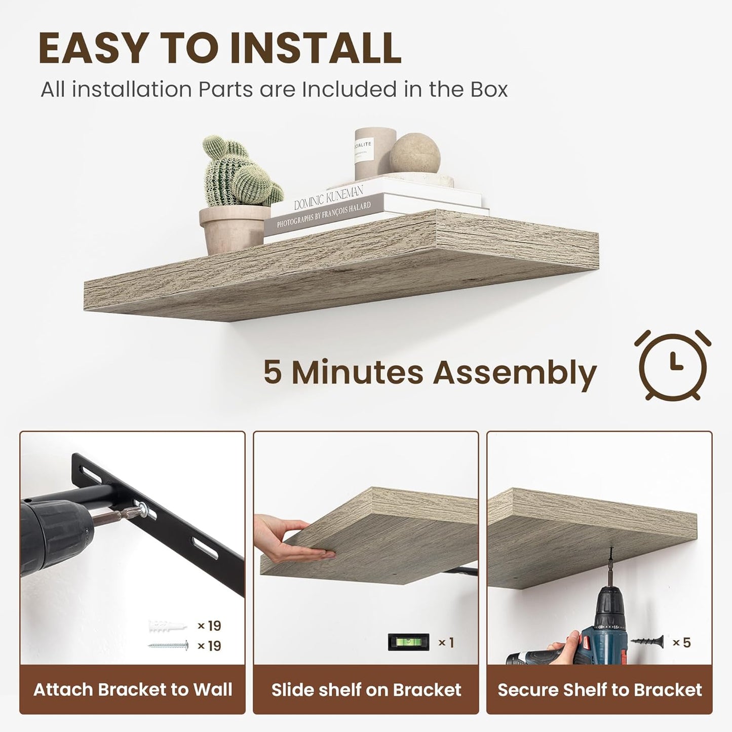 55 Inch Floating Shelves, 12 Inch Deep Floating Shelves for Wall, Floating Shelf with Invisible Brackets, Deep Shelves for Bathroom, Bedroom, Living Room, 1 Pack, Grey