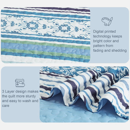Exclusivo Mezcla Reversible Boho Quilt Set King Size, 3 Pieces Bohemian Striped Blue All Season Bedspreads, Ultra Soft Floral Coverlet Bedding Set with Printed Pattern (1 Quilt, 2 Pillow Shams)