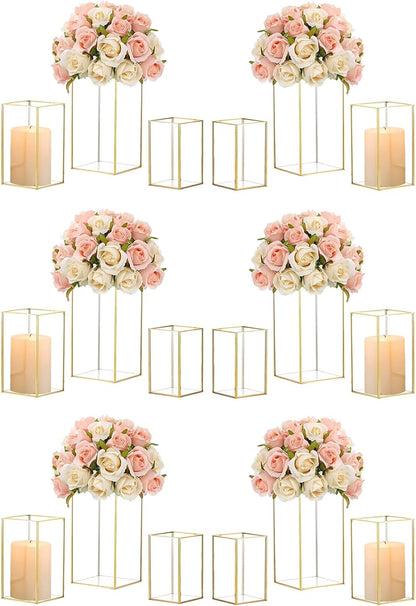 Hewory Glass Hurricane Candle Holder Set of 18, Gold Large Hurricane Centerpiece for Table, Tall Floor Square Pillar Candle Holders Lantern Set for Wedding, Anniversary, Party, Fireplace, Dining Room