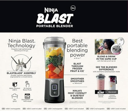 Ninja Blast 16 oz. Personal Portable Blender with Leak Proof Lid and Easy Sip Spout, Perfect for Smoothies, Cordless, USB-C Rechargeable, Dishwasher Safe Parts (Renewed) (Black)