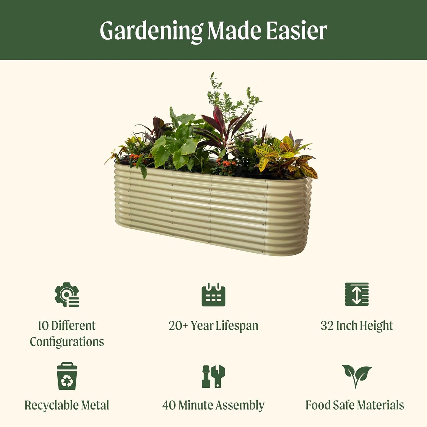 Vego garden 32" Extra Tall Raised Garden Bed Kits,10 in 1 Modular Raised Planter Box for Vegetables Flowers Fruits Oval Metal Raised Garden-Modern Gray