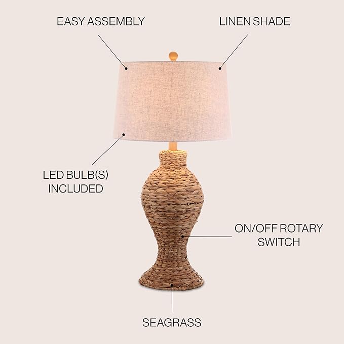 JONATHAN Y 31" Natural Woven Water Hyacinth Table Lamp for Living Room, Coastal Farmhouse Urn Bedside Lamp with Gray Linen Drum Shade, LED Bulb Included JYL1015A
