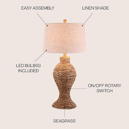 JONATHAN Y 31" Natural Woven Water Hyacinth Table Lamp for Living Room, Coastal Farmhouse Urn Bedside Lamp with Gray Linen Drum Shade, LED Bulb Included JYL1015A