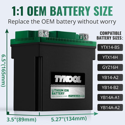 TYKOOL YTX14AH-BS-STD, LiFePO4 Lithium Motorcycle Battery,12.8V 7Ah,420CCA,5X Longer Life,Digital Readout, Powersports Battery,Fits for ATV, UTV, Scooter, Snow mobile,Polarity:[+ -]