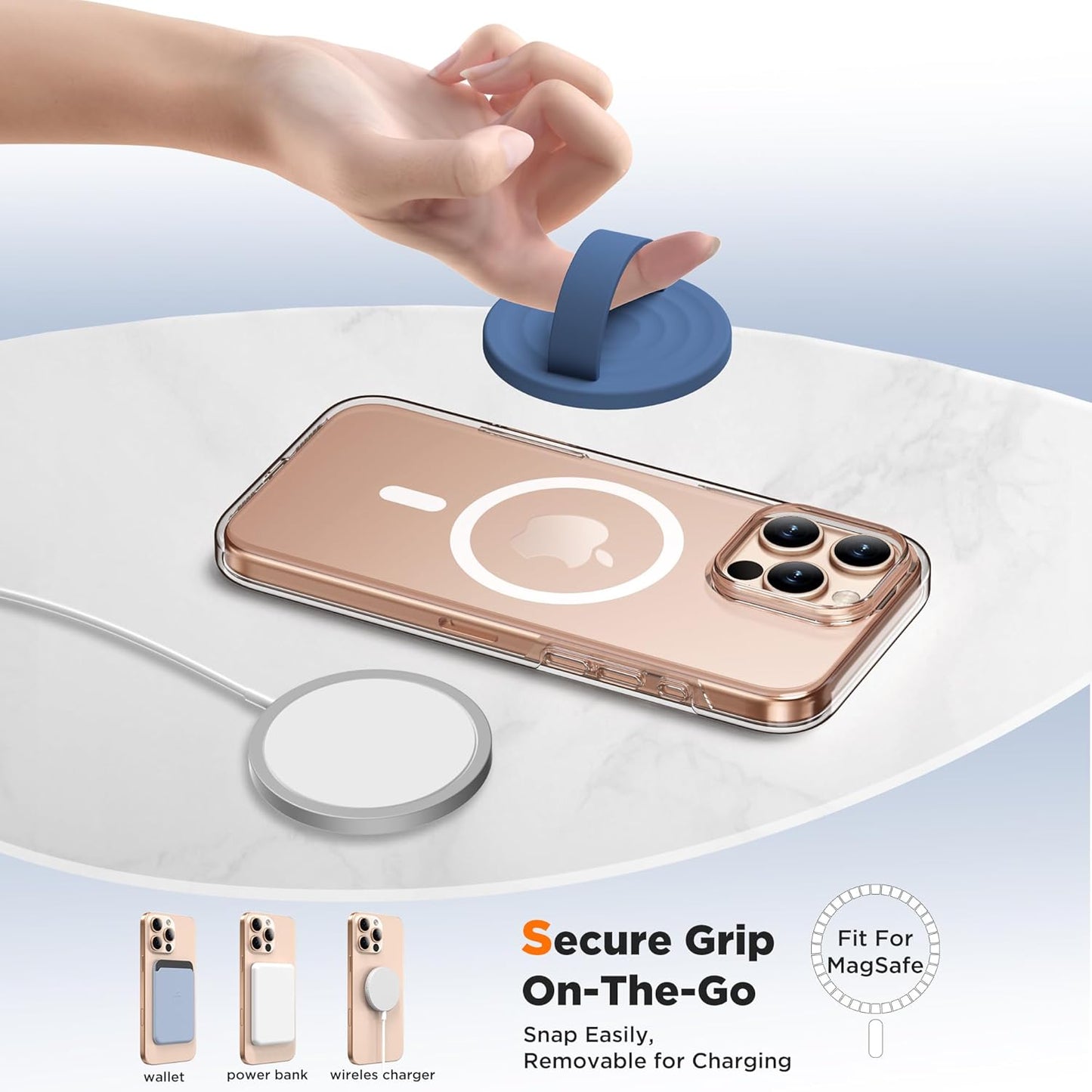Magnetic Phone Ring Grip Holder, Silicone Finger Loop Grip, Compatible with MasSafe, Back of Phone for iPhone Pro Max/Plus/16/15/15/14/13/12 Series, Azure Blue