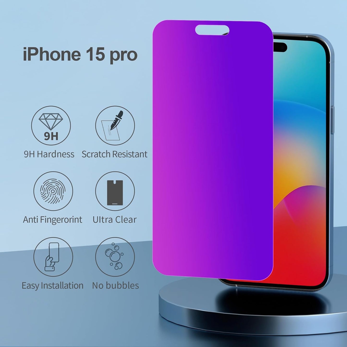 Compatible for iPhone 15 Pro Privacy Screen Protector Tempered Glass 6.1 Inch, Purple Gradient Anti Spy Anti Blue Light HD Easy Installation