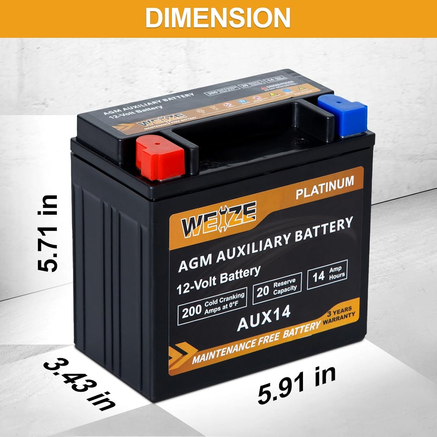 Weize AUX14 AGM Auxiliary Battery, 36 Months Warranty, 200CCA, BCI Group 400 Battery