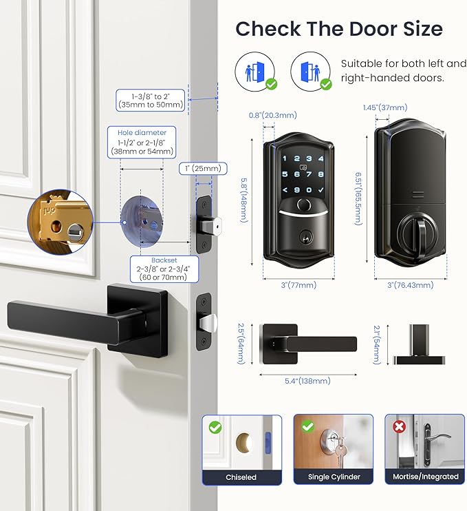 Veise VE027-L Built-in WiFi Smart Lock with Handles, Fingerprint keyless Entry Door Lock Set, App Remote & Voice Control, Electronic Deadbolt for Front Door, Touchscreen Keypad, Auto Lock, Matte Black