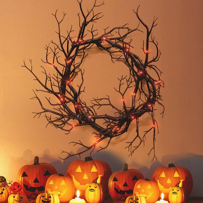 Halloween Black Branch Wreath Signs for Front Door with Red Lights,Handcrafted Halloween Horror Wreath for Indoor Outdoor Party Window Wall Decor Farmhouse Garland Yard