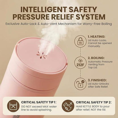 Pink Portable Electric Kettle forTravel, Small Hot Water Kettle with NTC Temperature Control and Auto Shut-Off, 316 Stainless Steel, Green 110V & 15oz