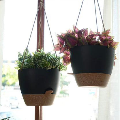 8 inch Hanging Planters, 2 Pack Self Watering Hanging Pots with 20oZ Deep Reservoir for Indoor Outdoor Plants Flowers, Black with Brown