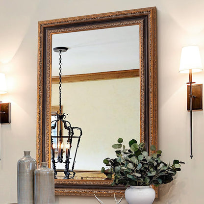 Vintage Accent Mirror 41.5" X 30", Bronze Antique Mirror with Handmade Aging 3D Carvings Wood Frame for Entryway, Living Room, Bathroom and Bedroom
