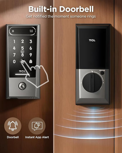 TCL Smart Lock D2 Pro with Palm Vein Recognition, Keyless Entry Door Lock for Front Door, Wi-Fi Keypad Deadbolt, App Remote Control, Auto Lock, Rechargeable Battery, Works with Alexa & Google