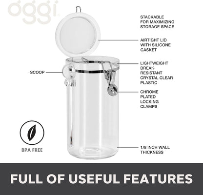 Oggi Clear Canister Airtight 72oz - Clamp Lid & Spoon - Airtight Food Storage Container, for Kitchen & Pantry Storage of Bulk, Dry Foods, Pasta, Flour, Sugar, Coffee, Rice, Tea, Spices & Herbs