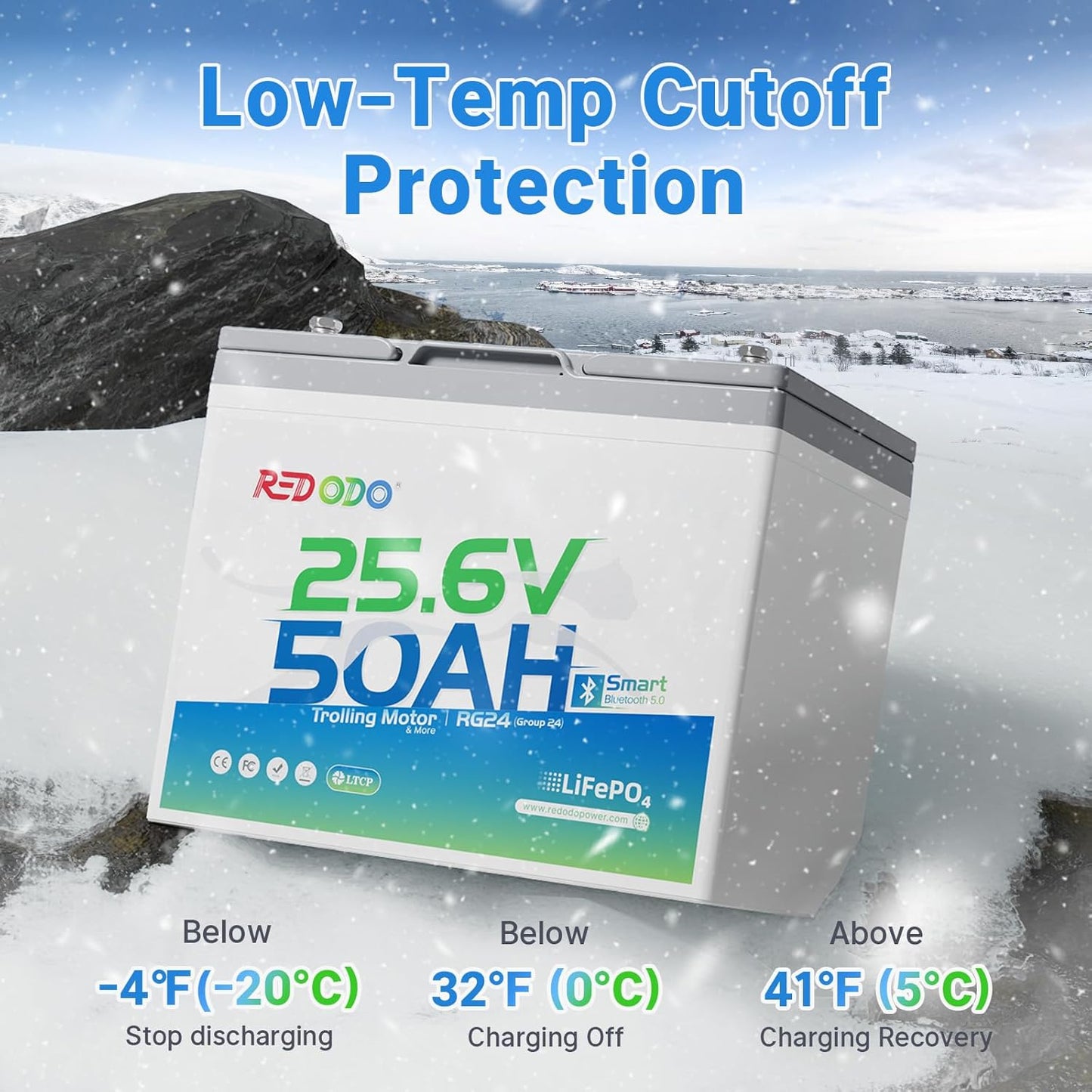 Redodo Bluetooth 24V 50Ah TM Low-Temp LiFePO4 Battery, Smart Lithium Battery Built in 50Ah BMS, 10 Years Lifespan, Perfect for Trolling Motor, Marine, RV, Fishing Finder, Solar and Off Grid-2 Pack