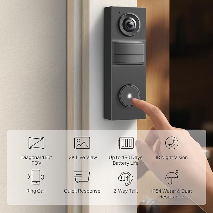 Tapo 2K Wired Smart Video Doorbell - 160° Ultra-Wide View, Person Detection, 2-Way Talk, Ring Call, Night Vision, Subscription-Free Local Storage or Optional Cloud, Compatible with Alexa, D205