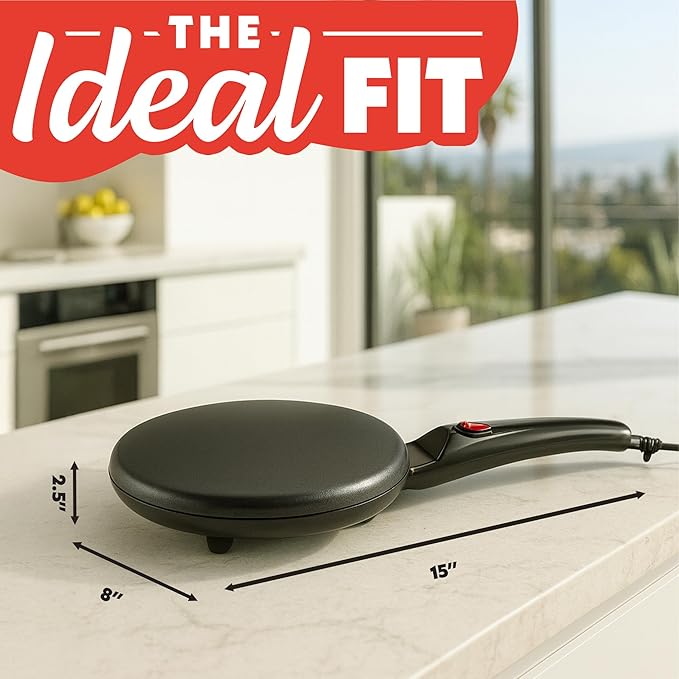 Gourmia 8” Electric Crepe Maker – Nonstick Ceramic Surface, One-Touch Operation, Includes Batter Tray, Compact & Easy to Clean, Crepe, Pancake & Tortilla Maker