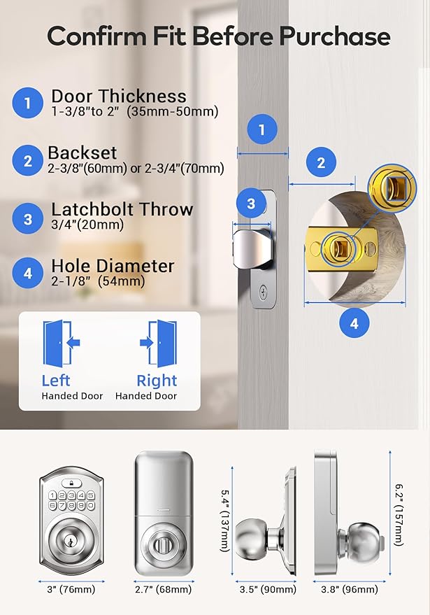 TEEHO TE003 Keyless Entry Keypad Door Lock with Handle, Electronic Digital Smart Deadbolt Locks with 2 Backup Keys, Door Knob with Code for Front Door Bedroom, Auto Lock, Easy to Install, Satin Nickel