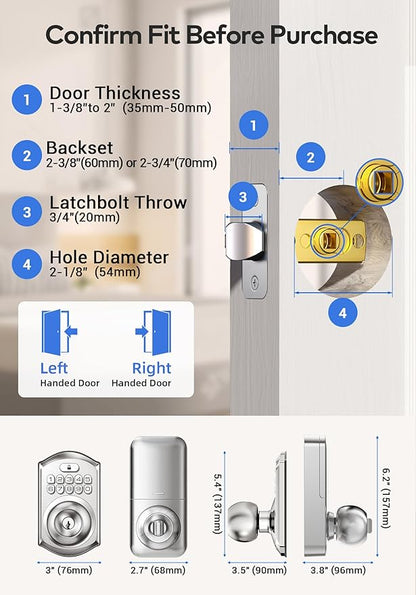 TEEHO TE003 Keyless Entry Keypad Door Lock with Handle, Electronic Digital Smart Deadbolt Locks with 2 Backup Keys, Door Knob with Code for Front Door Bedroom, Auto Lock, Easy to Install, Satin Nickel