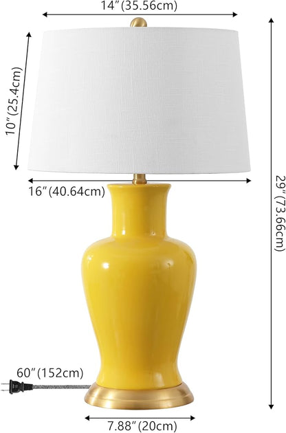 JONATHAN Y 29" Yellow Traditional Ceramic Urn LED Table Lamp for Bedroom Decor, White Linen Drum Shade, Classic Nightstand Lamp for Living Room, LED Bulb Included (JYL4026H)