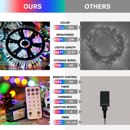 JMEXSUSS 600 LED Color Changing String Lights Plug in, 168FT White & Multicolor Christmas Lights with Remote, Christmas String Lights Outdoor Waterproof Clear Wire for Tree Xmas Decor