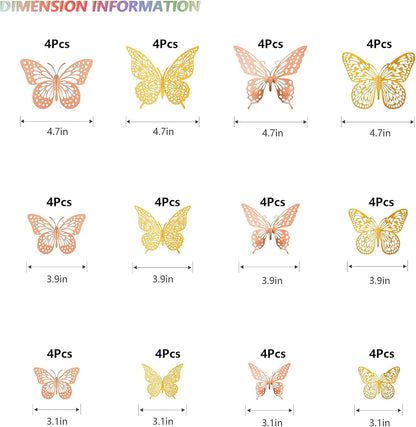SAOROPEB 3D Butterfly Wall Decor, 48 Pcs 4 Styles 2 Color 3 Sizes, Removable Metallic Wall Sticker Room Mural Decals for Kids Bedroom Nursery Classroom Party Decoration (2 Color)