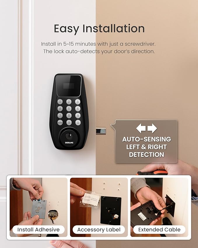 DESLOC C100 Keyless Entry Door Lock with 2 Lever Handles, Smart Deadbolt Lock for Front Door with 2 Keys, Auto Lock, 100 PIN Codes, Passage Mode, IP54 Waterproof, 12 Months Battery,Black