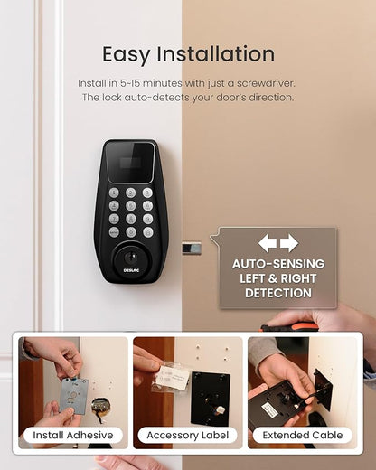 DESLOC C100 Keyless Entry Door Lock with 2 Lever Handles, Smart Deadbolt Lock for Front Door with 2 Keys, Auto Lock, 100 PIN Codes, Passage Mode, IP54 Waterproof, 12 Months Battery,Black