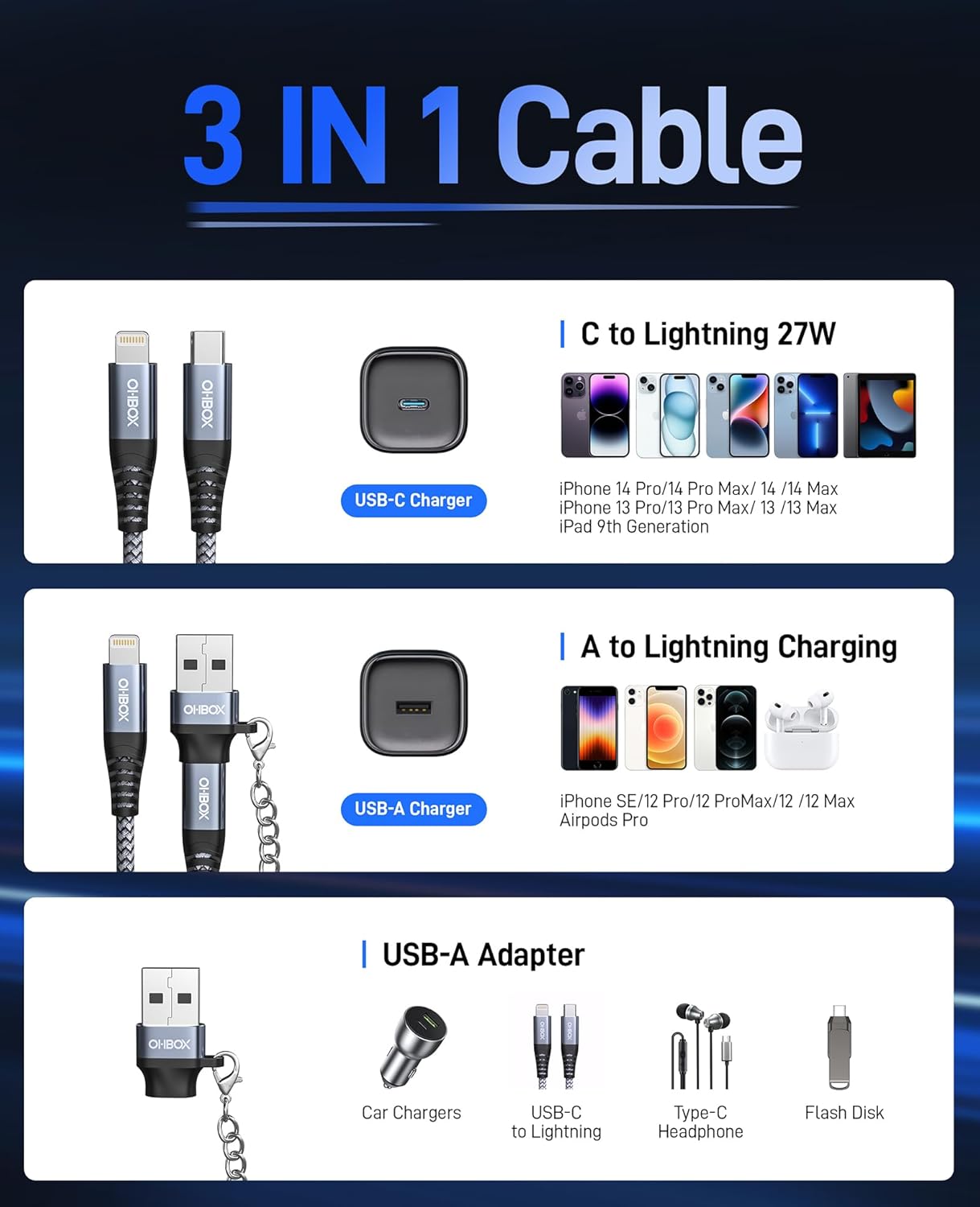 USB C to Lightning Cable Fast Charging 2Pack 6ft [Apple MFi Certified] iPhone Charger Cable Compatible with iPhone 14/13/12/11 Pro Max and USB C Female to USB A Male Adapter with Keychain