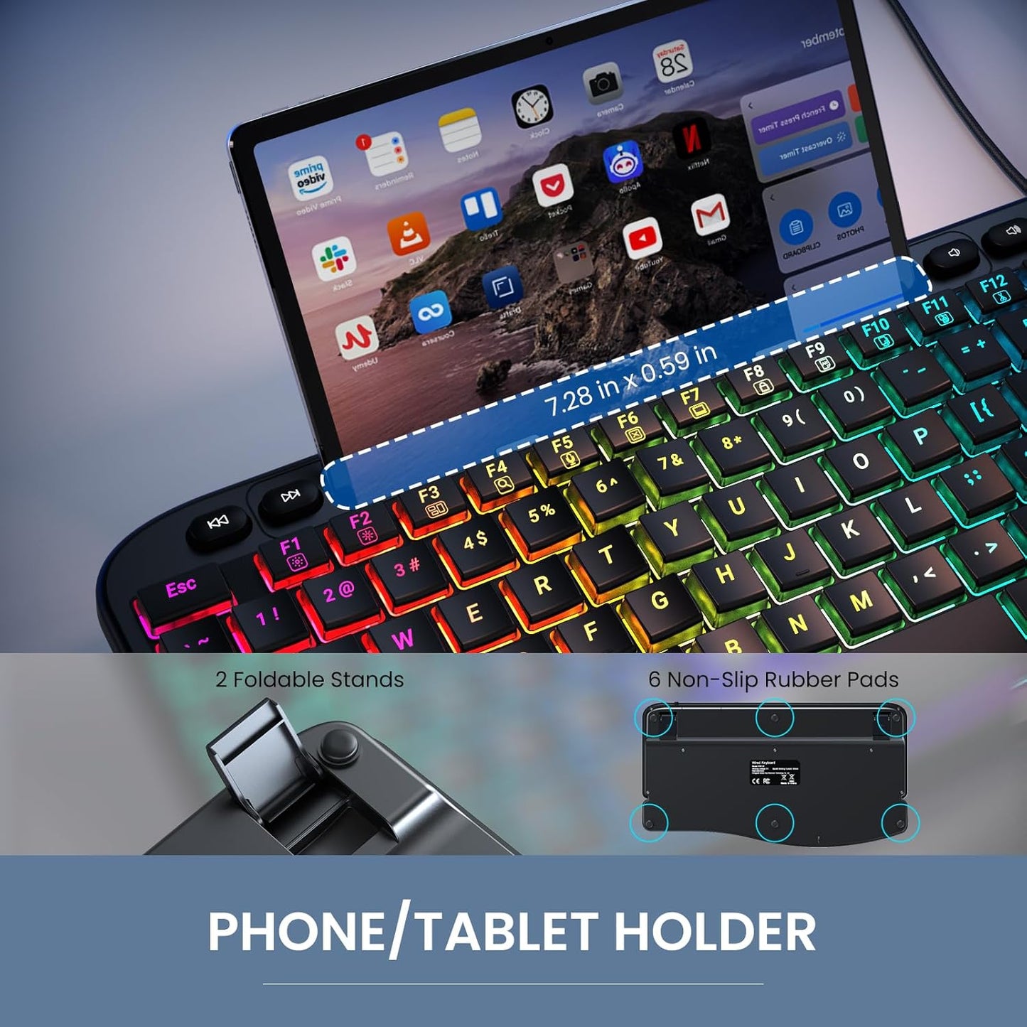 Ergonomic Backlit Keyboard with Wrist Rest, 7 Colors USB Wired Computer Keyboard, Wave Keys, with Phone/Tablet Holder, Comfortable Lighted Keyboard for PC, Windows and Mac