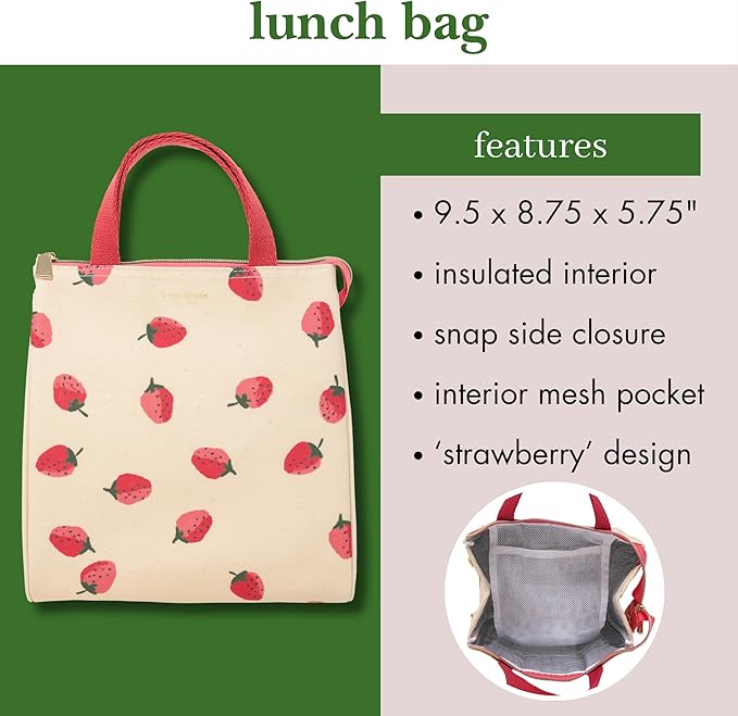 kate spade new york Cute Lunch Bag for Women, Large Capacity Lunch Tote, Adult Lunch Box with Silver Thermal Insulated Interior Lining and Storage Pocket (Strawberries)