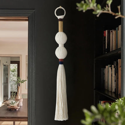 Macrame Wall Hanging Boho Decor Yarn Wall Art Small Sphericity Cotton Textile Tassel Hanging Fiber Art for Living Room Bedroom 27'' L x 2.3'' W