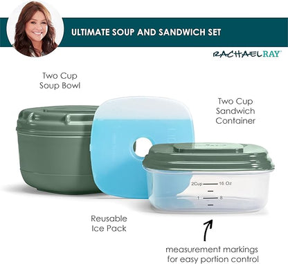 Rachael Ray Soup & Sandwich Container For Lunch, Hot Soup Lunch Container For Adults, Reusable Soup Bowl With Container For Sandwich or Toppings, Includes Removable Ice Pack, Hot or Cold Food Storage