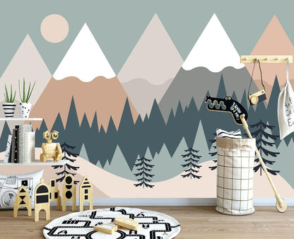 Children's Cartoon Mountain Peak Forest Sun Nursery Wall Mural Wallpaper 137" x 100"