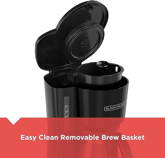 BLACK+DECKER 5-Cup Coffee Maker with On/Off Switch, Sneak-A-Cup Feature, and Easy-View Water Window, Black