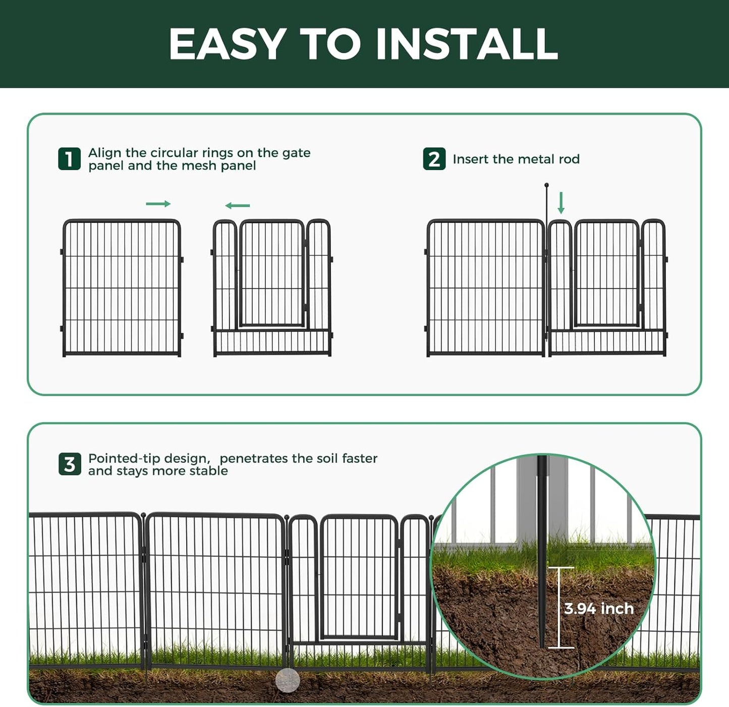 FXW Garden Fence Outdoor for The Yard – 50in(H) x 80.3ft(L) Heavy Duty Metal Animal Barrier for Dog and Rabbit, Decorative Dog Fence, 32 Panels, Black