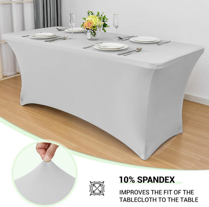 Obstal Stretch Spandex Table Cover for Standard Folding Tables - Universal Rectangular Fitted Tablecloth Protector for Wedding, Banquet and Party (Silver, 4 Ft)