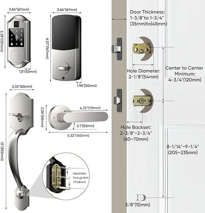 Fingerprint Smart Front Door Lock Set, Keyless Entry Door Lock with Handle, Smart Locks for Front Door, Keypad Deadbolt with Handle, APP Control, Touchscreen Keypad, Auto Locking, Satin Nickel