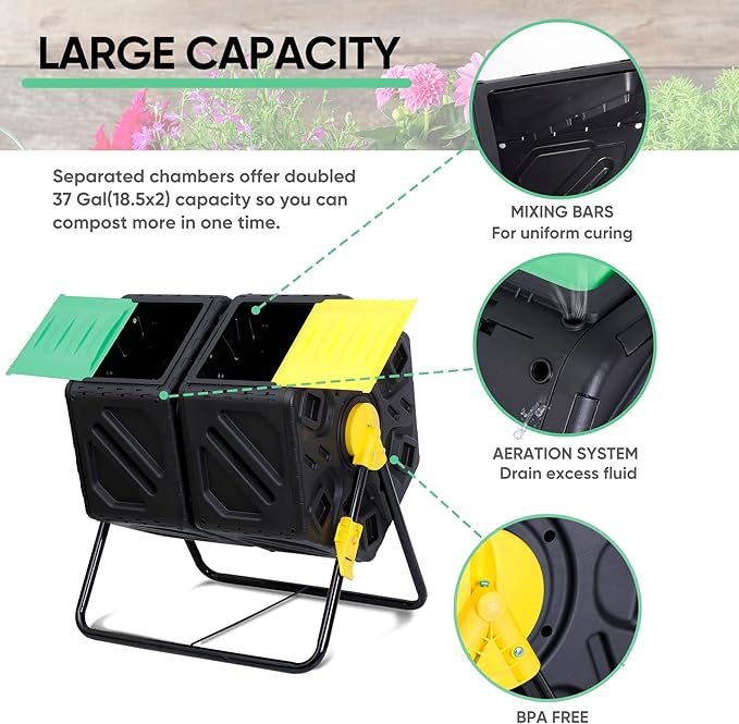 HomGarden Large Dual Chamber Compost Tumbler Heavy-Duty Outdoor Bin Composter with 2 Sliding Doors Easy-Turn, All-Season 37 Gallon High Volume Composter Black