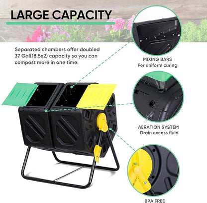 HomGarden Large Dual Chamber Compost Tumbler Heavy-Duty Outdoor Bin Composter with 2 Sliding Doors Easy-Turn, All-Season 37 Gallon High Volume Composter Black
