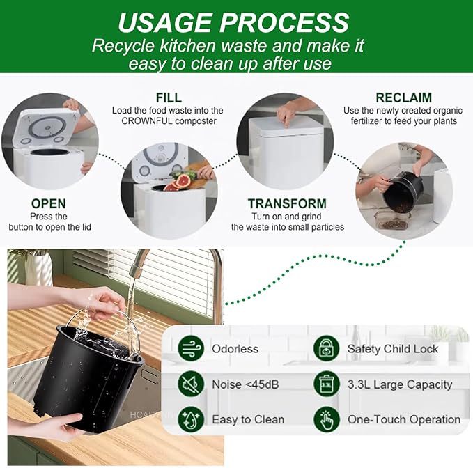 Kitchen Composter 3.3L,With Child Lock,Smart Electric Food Waste Machine,Visual Design Lid Always View,Low Noise Fast Grinding,220V