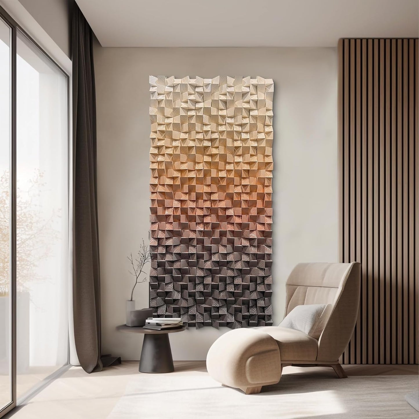 LIUZEYUE - 3D wooden block painting gradient coffee white art background wall wooden block abstract geometric wall decoration living room/bedroom/office modern minimalist style decoration 39.4"x78.7"