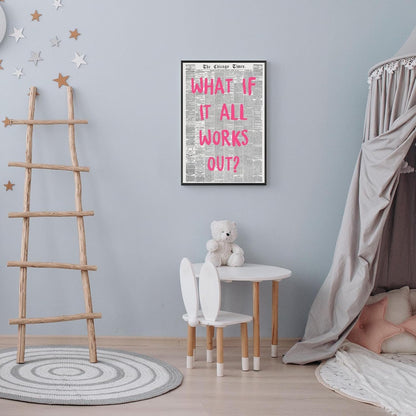 Liyark Retro Trendy Newspaper Canvas Wall Art 'What If All Works Out' Poster - Positive Affirmation Quote - Pink Font - Minimalist Home Decor - Framed 12x16in