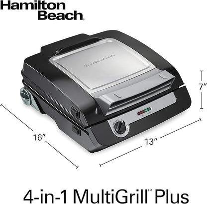 Hamilton Beach 4-in-1 Indoor Grill & Electric Griddle Combo with Bacon Cooker, Opens Flat to Double Cooking Surface, Removable Nonstick Plates, Black & Silver (25601)