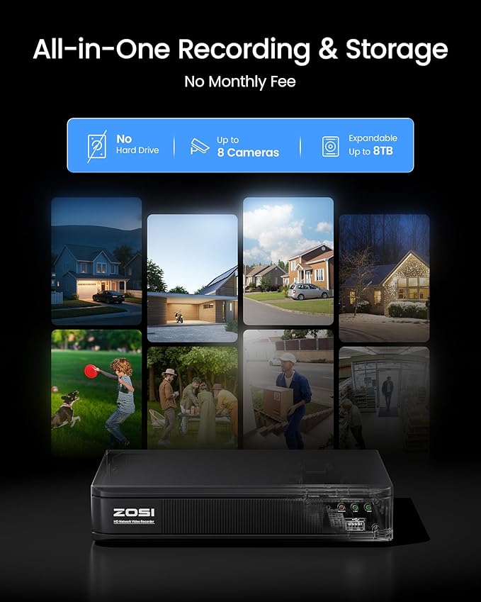 ZOSI 1080P HD Home Surveillance Camera System with AI Human Vehicle Detection, 5MP 8 Channel CCTV DVR Recorder (No HDD), 8 x 2.0MP 1920TVL Outdoor/Indoor Surveillance Bullet Cameras, Remote Access