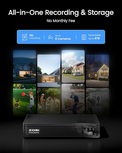 ZOSI 1080P HD Home Surveillance Camera System with AI Human Vehicle Detection, 5MP 8 Channel CCTV DVR Recorder (No HDD), 8 x 2.0MP 1920TVL Outdoor/Indoor Surveillance Bullet Cameras, Remote Access